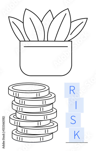 Growth-focused potted plant with coin stack and RISK blocks. Ideal for finance, investment, risk management, economics, decision-making, motivation, sustainability, abstract line flat metaphor