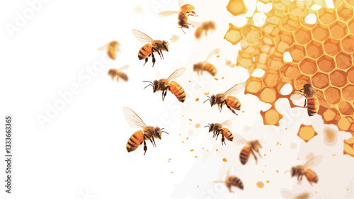 Close-up image of multiple honeybees in flight approaching a section of honeycomb against a white background. The honeycomb is partially broken, revealing the honey-filled cells.  The bees are