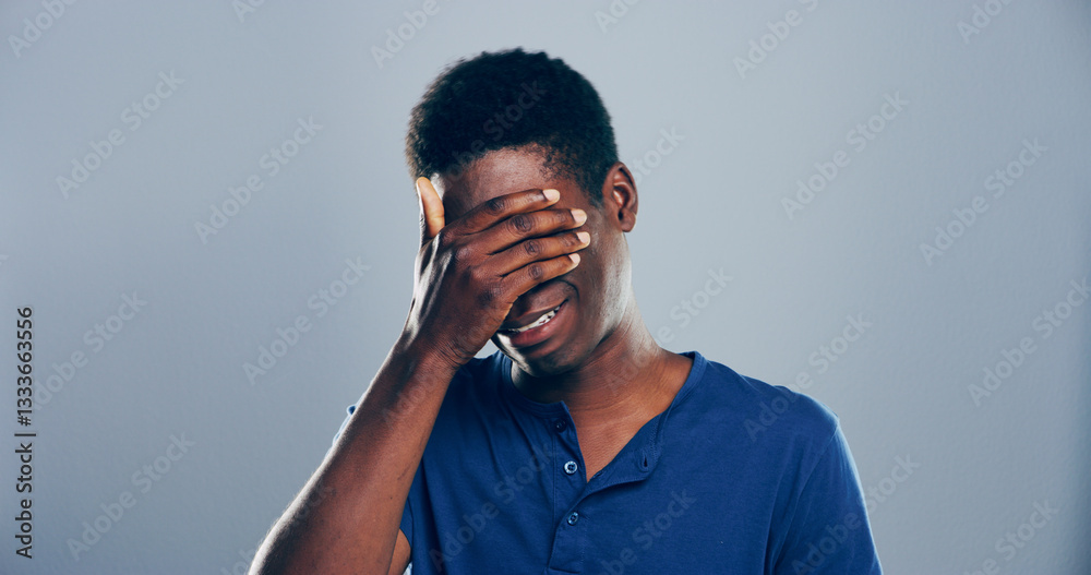 Sad, black man and depression with mistake, breakup or pain in studio for mental breakdown on a gray background. Male person, expression or sulk eyes with tears for broken heart or failure on space Sad, black man and depression with mistake, breakup or pain in studio for mental breakdown on a gray background. Male person, expression or sulk eyes with tears for broken heart or failure on space