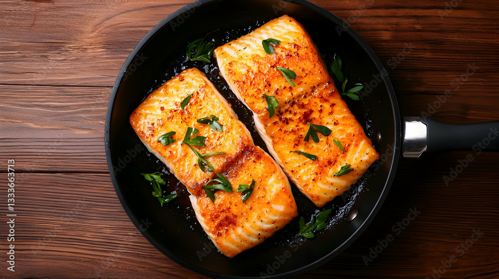 Pan-Fried Flounder Fillets on Wooden Background Pan-Fried Flounder Fillets on Wooden Background