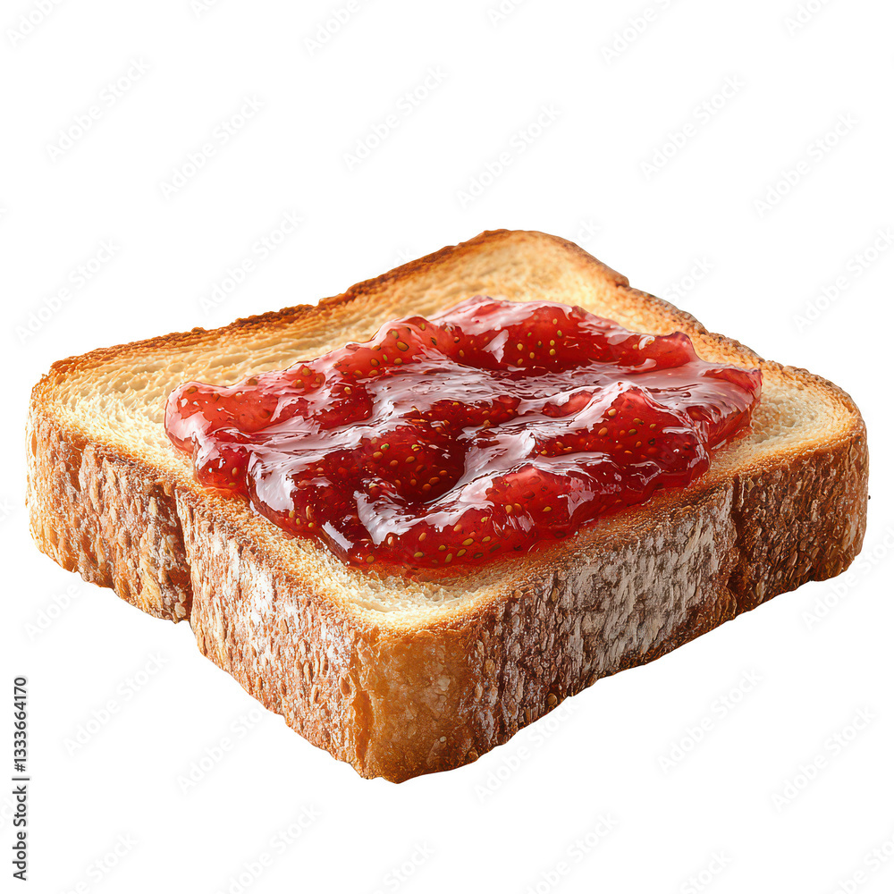 Golden toast slice with glossy strawberry jam spread isolated on white background for breakfast themes