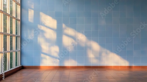 Sunlit Blue Tile Wall   Wooden Floor Interior Design Background