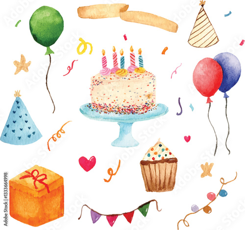 birthday party watercolor clipart. cake, candle, party hat, balloon, cupcake, gift and colorful confetti. 