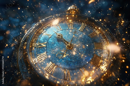 Wallpaper Mural Midnight Sparkle Elegant Gold Pocket Watch with Blue Glitter & Golden Particles Torontodigital.ca