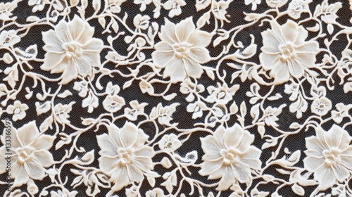 Intricate White Floral Pattern on Dark Fabric Showcasing Elegant Embroidery Techniques and Detailed Design Elements for Fashion and Home Decor