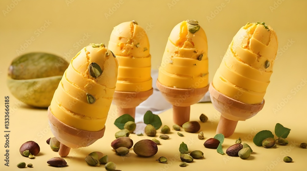 Three Mango Ice Cream Popsicles with Pistachios.generative.ai