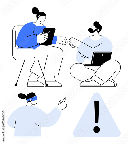 People exchanging ideas using tablets, laptops individual pointing near an alert sign. Ideal for teamwork, communication, innovation, technology, problem-solving, collaboration decision-making. Flat