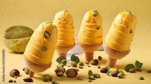 Obraz na płótnie Three Mango Ice Cream Popsicles with Pistachios.generative.ai w salonie