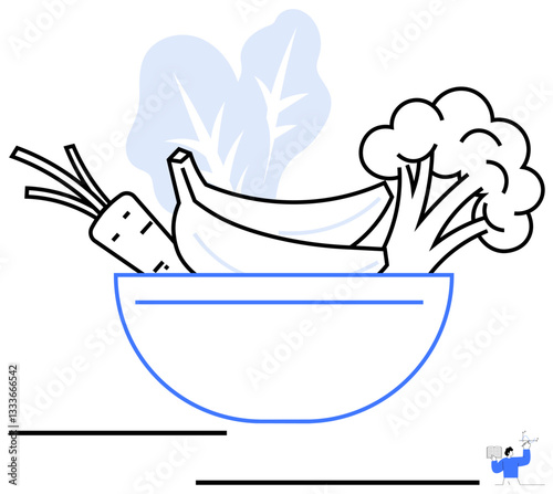 Fresh banana, broccoli, carrot, and leafy greens in a bowl emphasizing healthy eating, sustainability, and wellness. Ideal for diet, organic food, nutrition cooking ecology lifestyle and flat