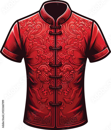 Red Color Men's Mandarin collar shirt fashion drawing template.