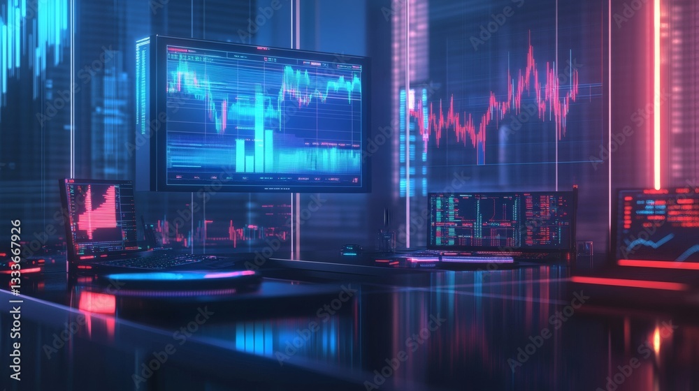 A futuristic holographic financial interface floating above a sleek glass desk, showcasing live trading graphs, market trends, and crypto prices with a neon blue glow A futuristic holographic financial interface floating above a sleek glass desk, showcasing live trading graphs, market trends, and crypto prices with a neon blue glow