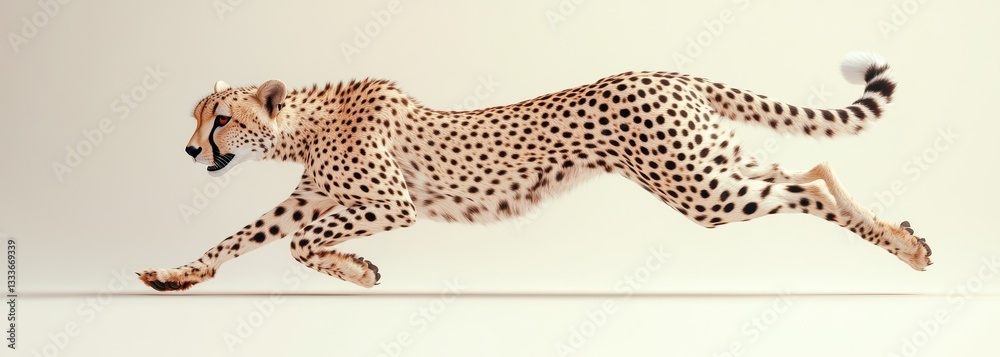 Obraz premium Cheetah in Motion Captured Mid-Run, Displaying Graceful Speed and Elegant Features Against a Soft Neutral Background