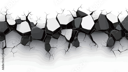 A high-resolution image depicting an abstract, monochrome (black and white) representation of a cracked surface. The image features irregularly shaped, fragmented pieces in shades of gray and