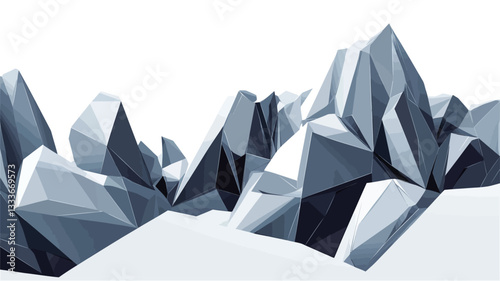 The image presents a stylized, abstract landscape rendered in shades of blue, grey, and white. The landscape is composed of numerous angular, geometric shapes resembling crystalline structures or