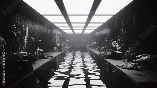 The image is a monochromatic photograph depicting a long, narrow corridor with dark walls and a reflective floor.  Linear fluorescent lights are recessed in the ceiling, creating parallel lines of