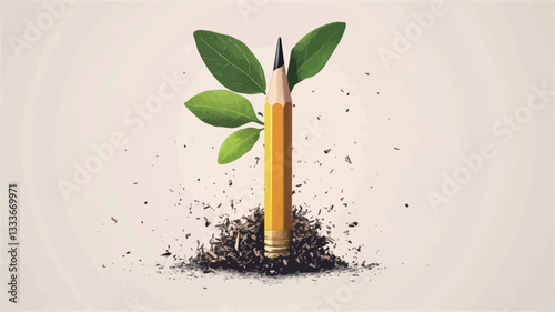 A digital illustration depicts a yellow pencil planted in dark brown soil with small green leaves sprouting from the sharpened tip.  The pencil is centrally positioned against a light beige