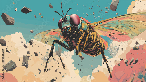 Close-up illustration of a stylized fly with iridescent wings and body.  The fly is depicted in a dynamic pose, seemingly emerging from or moving through a fragmented landscape composed of