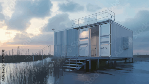 The image showcases a digitally rendered modern prefabricated house situated on stilts over calm water. The house is light gray with clean lines and a minimalist design. It features a small balcony