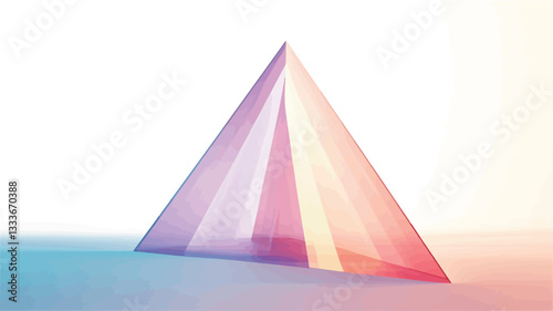 The image shows a three-dimensional rendering of a translucent pyramid.  The pyramid appears to be made of glass or crystal, exhibiting a gradient of pastel pink, orange, and blue hues.  The