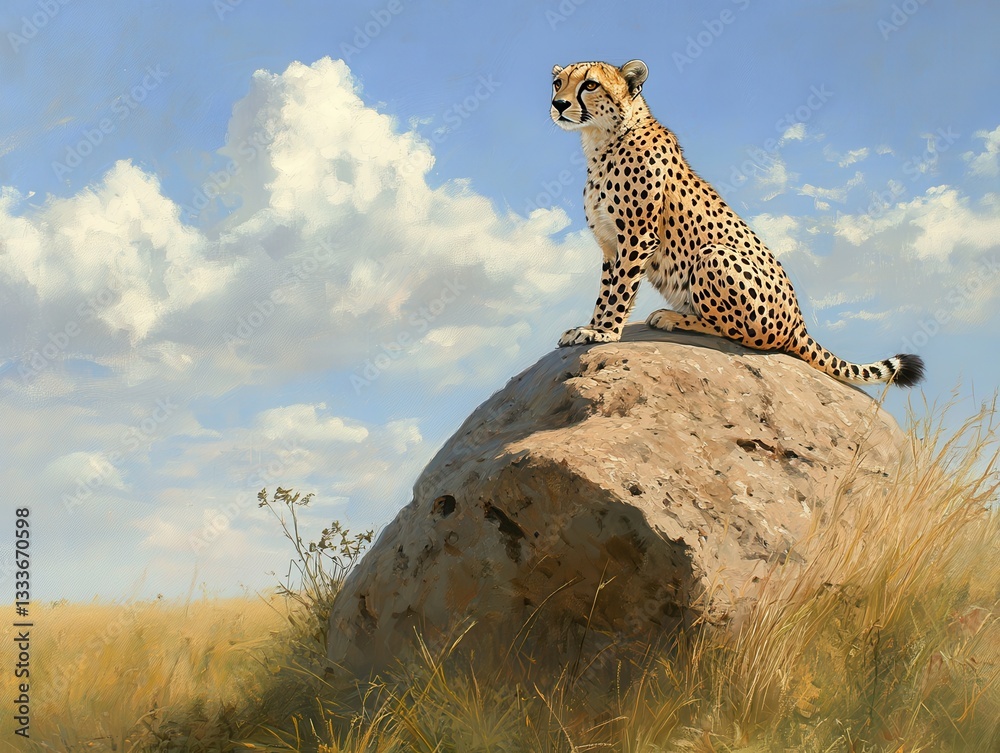 Obraz premium Cheetah Resting on a Rock in a Serene Landscape with Blue Sky and Fluffy Clouds, Showcasing the Beauty of Nature and Wildlife in a Majestic Setting
