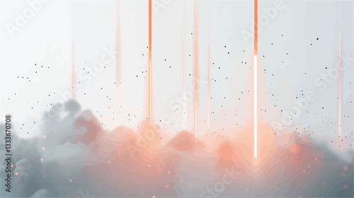 The image is an abstract digital rendering featuring several vertical beams of bright orange light emanating from the top and extending downwards.  These beams are surrounded by a hazy, misty