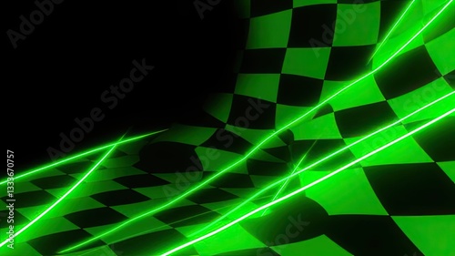 Abstract Green Checkered Flag Background with Neon Lines