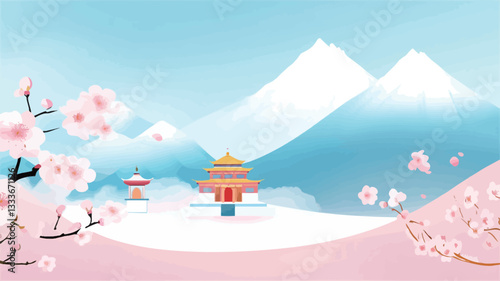 The image is a digital illustration depicting a stylized landscape.  The background features pale blue, snow-capped mountains rendered with soft gradients. In the foreground, a pale pink ground