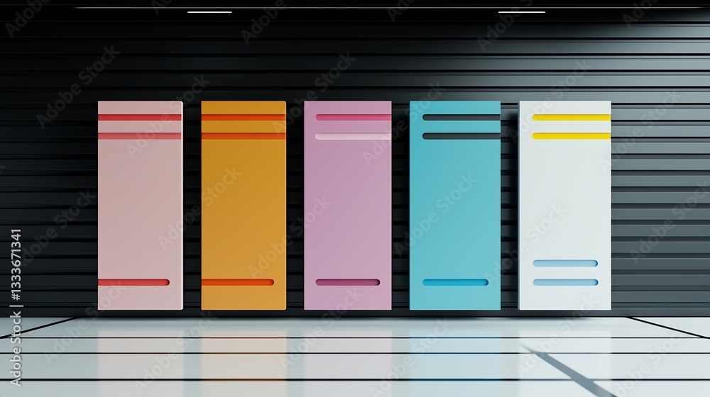 Fototapeta premium Colorful vertical banners on dark wall.