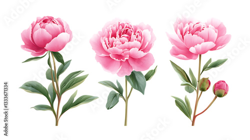 Pack Peony Set on Transparent Background for Floral, Wedding, and Decorative Designs