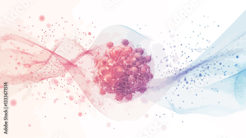 The image is a digital illustration or rendering depicting a virus particle. The virus is centrally located, rendered in shades of pink and red, appearing three-dimensional and clustered. It is
