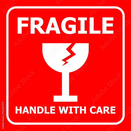 Red sticker featuring a white broken wine glass icon and bold text "FRAGILE HANDLE WITH CARE," perfect for labeling packages or containers that require careful handling