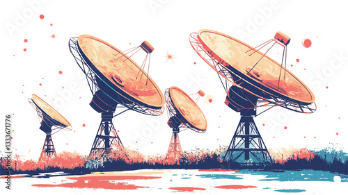 An illustration depicts multiple satellite dishes in a field. The style is painterly, resembling a watercolor or digital painting effect. The color palette is warm, with oranges, reds, and blues