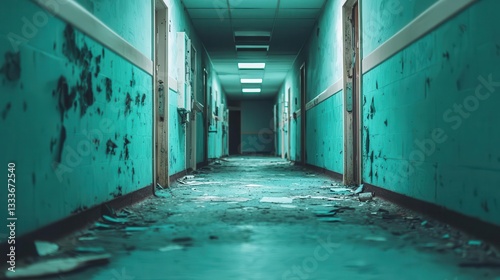 Abandoned hospital filled with lurking zombies, broken equipment, flickering lights, eerie horror vibe