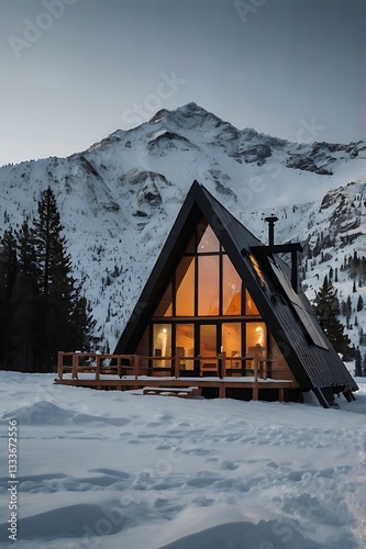 A minimalist A-frame cabin nestled in snowy mountains, featuring black solar panels stark against the white roof