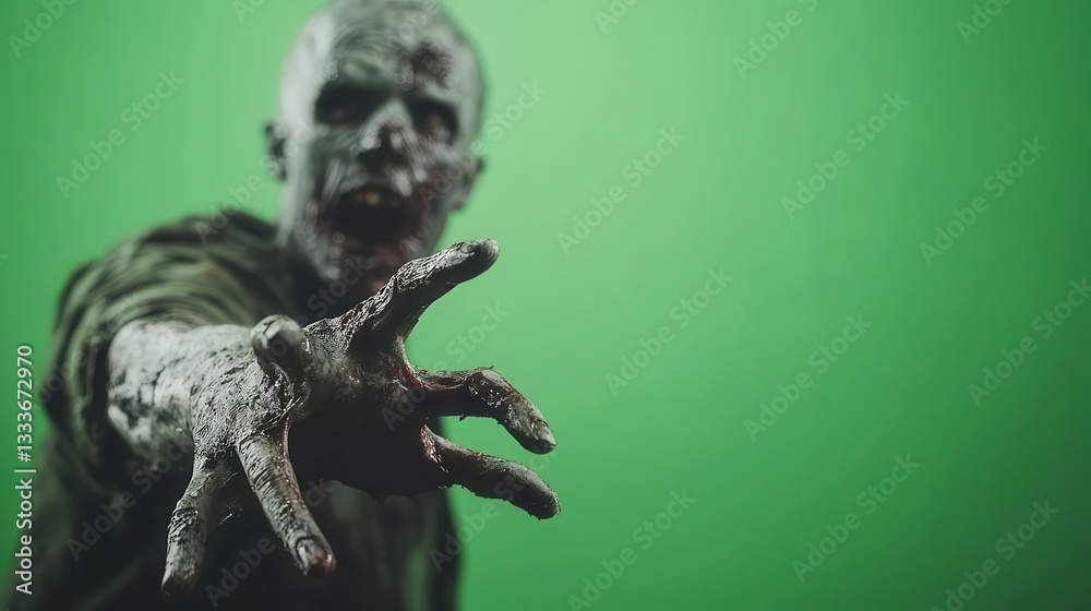 Fototapeta premium Cinematic green screen shot of zombie reaching towards the camera, horror film production