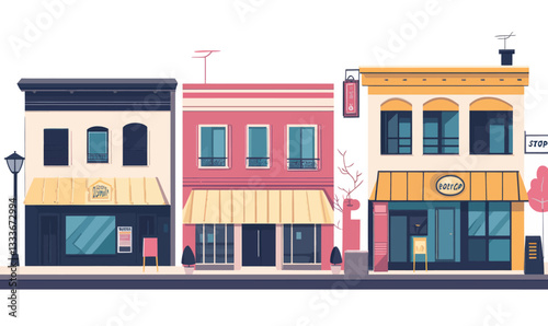 Minimalist Vector Illustration of Shopping Street with Colorful Storefronts