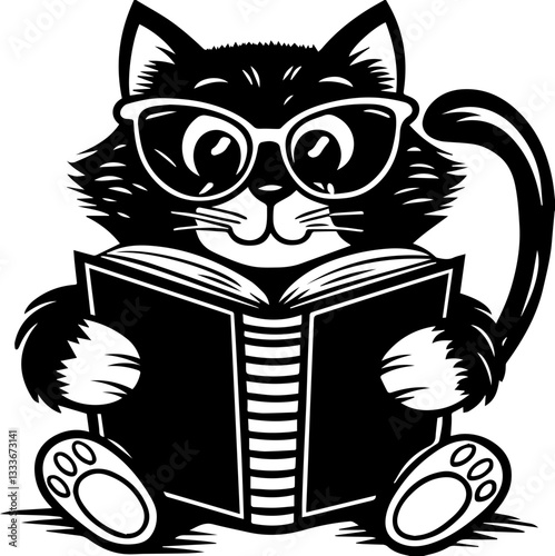 Happy cats reading books in SVG vector format. Cute Cat Wearing Glasses Reading a Book with Delightful Expression