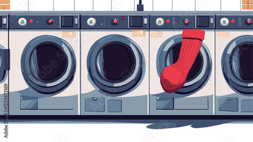 The image shows a row of identical, front-loading washing machines in shades of grey and white. The machines have similar control panels and appear to be new or in excellent condition.  A single