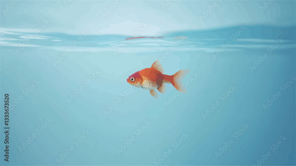 Obraz premium An image of a single orange goldfish swimming in clear, light blue water. The waterline is visible, creating a subtle horizontal division in the frame. The goldfish is positioned slightly