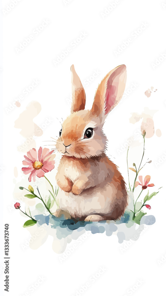 Fototapeta premium Cute Rabbit with Flowers in Watercolor Style Vector Art Illustration