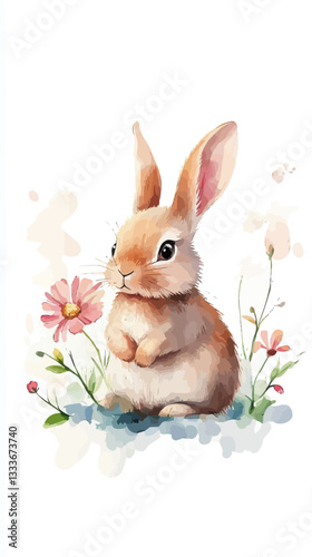 Cute Rabbit with Flowers in Watercolor Style Vector Art Illustration