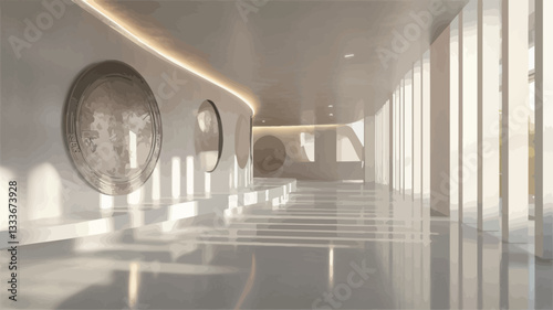 The image shows a long, bright corridor with minimalist design.  The walls are white, and the floor is a highly polished surface reflecting the natural light streaming in from large windows along
