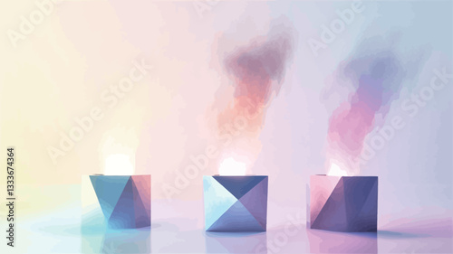 The image depicts three geometric, cube-shaped objects arranged in a row against a soft, pastel-colored background.  Each cube appears to be made of a light gray material with geometric facets.