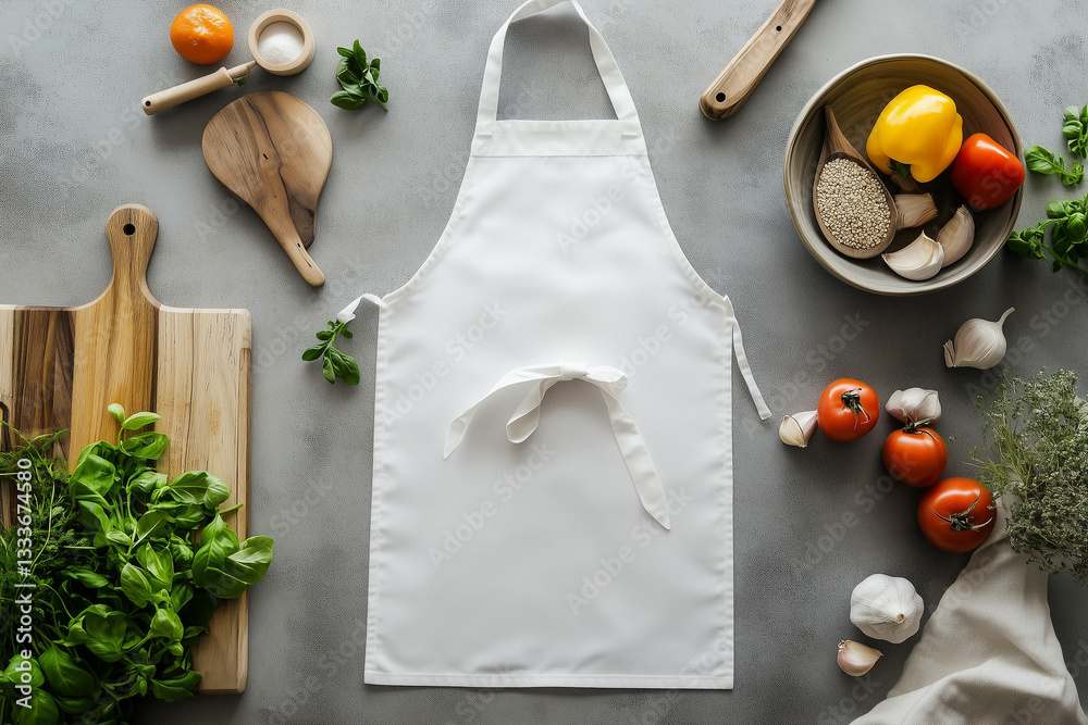 White Apron with Cooking Ingredients and Wooden Utensils on a Kitchen Counter