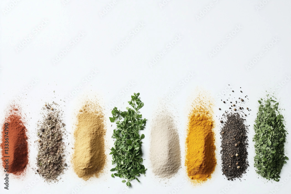 Assorted Spices in a Creative Powder Explosion on White Background
