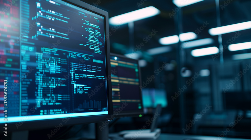 Glowing Computer Monitor in Dim Surveillance Room with Abstract Data Patterns and Blurred Server Racks, Stock Photography Style Glowing Computer Monitor in Dim Surveillance Room with Abstract Data Patterns and Blurred Server Racks, Stock Photography Style