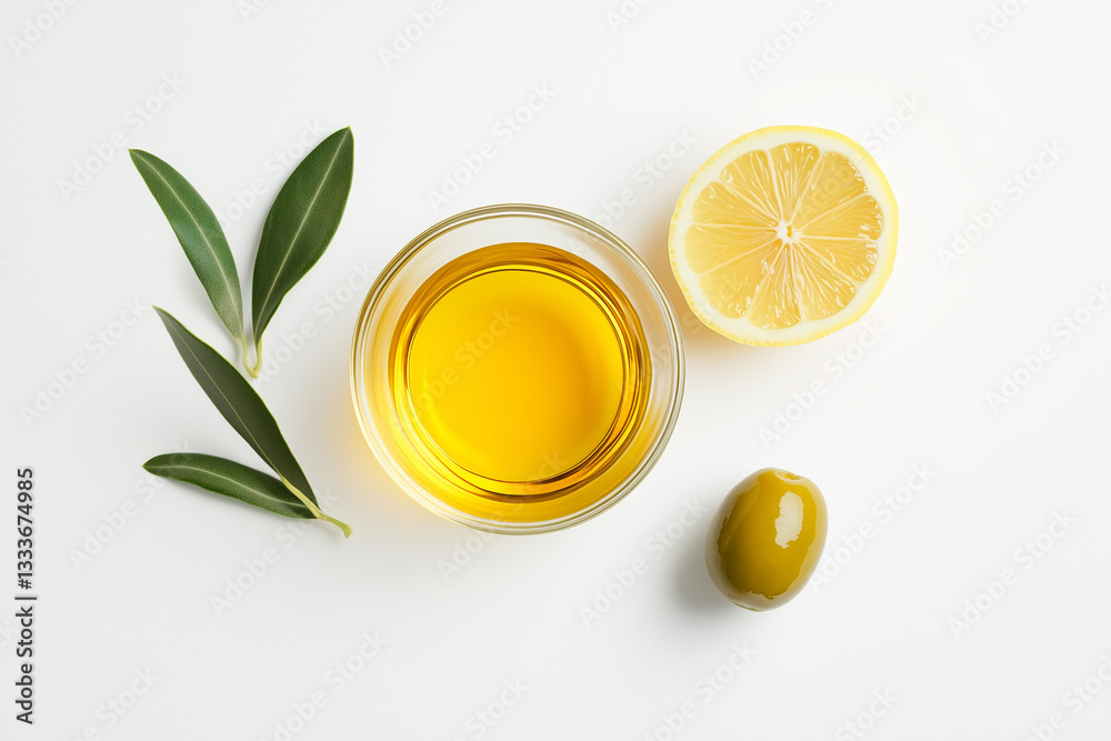 Olive Oil with Fresh Olive Leaves and Lemon on White Background