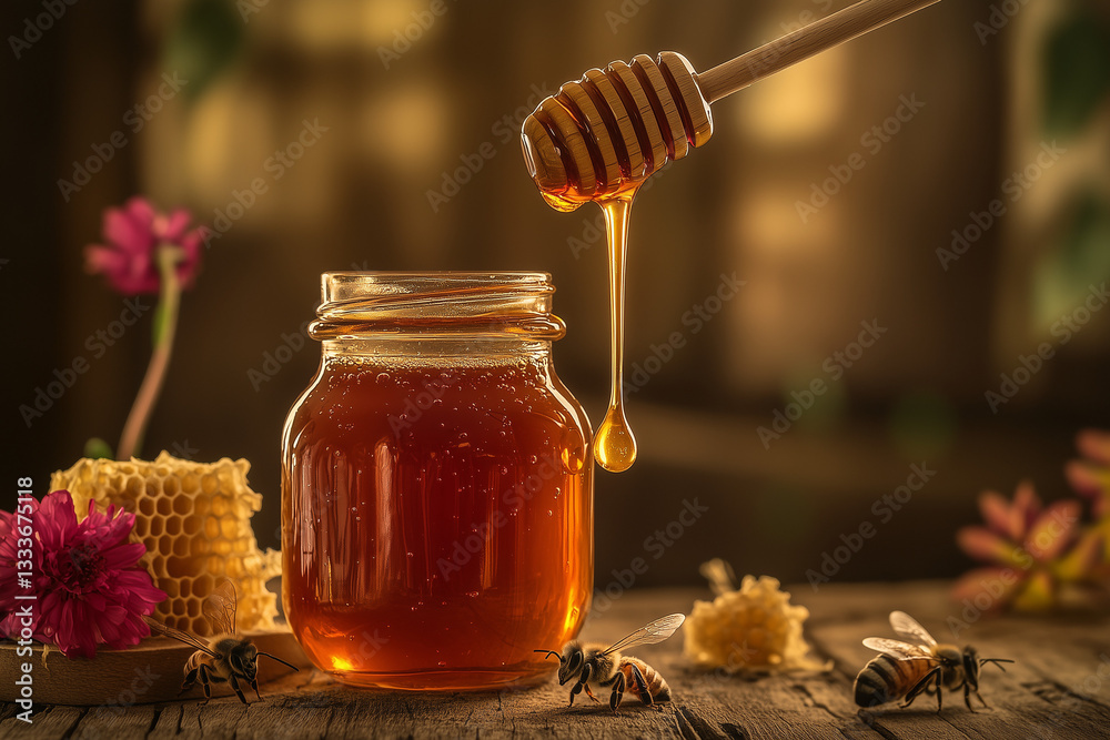 Golden Honey Dripping from a Wooden Dipper into a Glass Jar