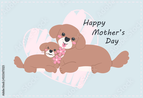 Mother's Day dog mom and baby cub cartoon illustration in flat design with love and warmth