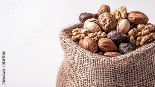 Nuts in a burlap bag isolated on a white background, highlighting the natural texture of the burlap and the variety of nuts. photo